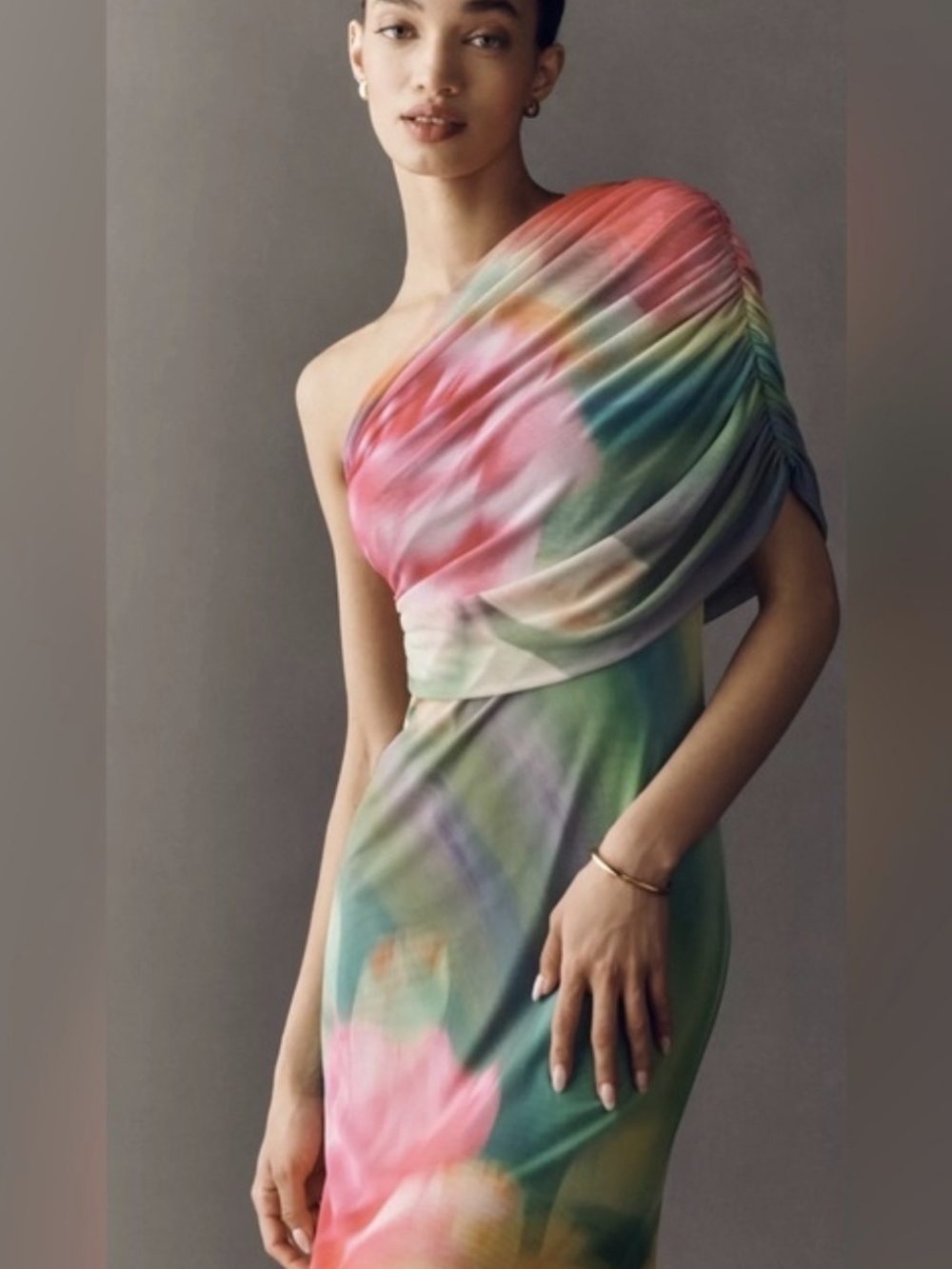 AFRM One-Shoulder Floral Dress in Pink and Green